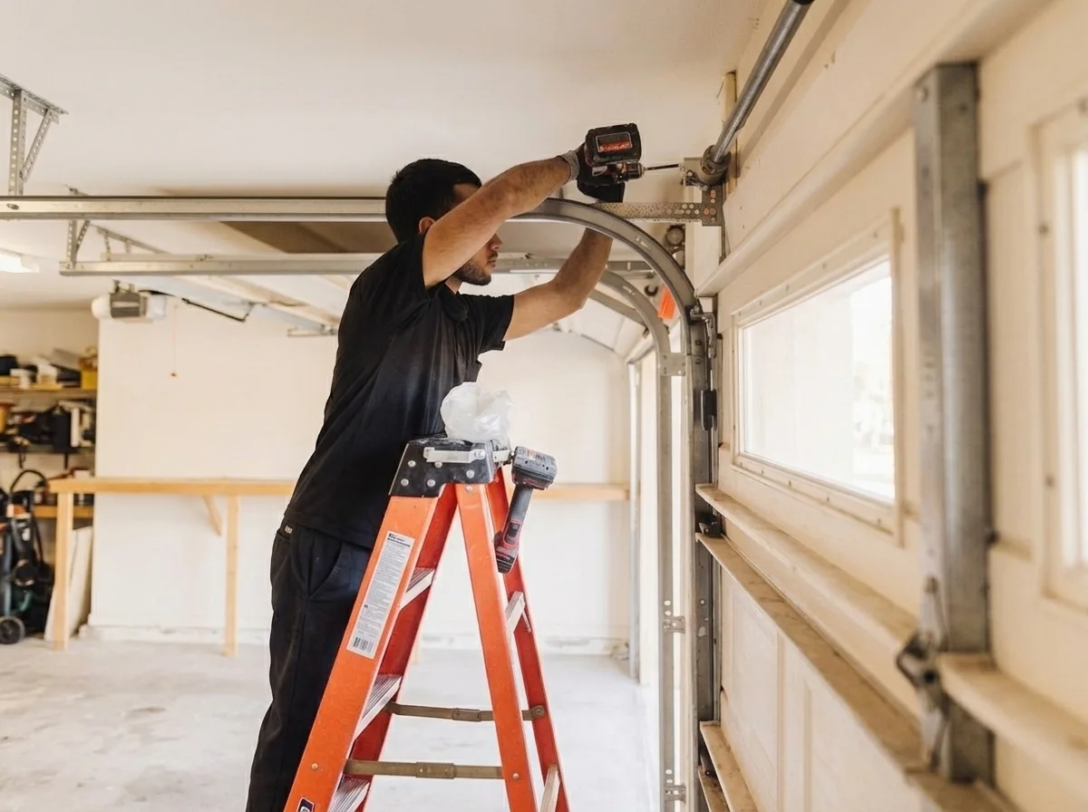 Technician working on the curved track of a sectional garage door
