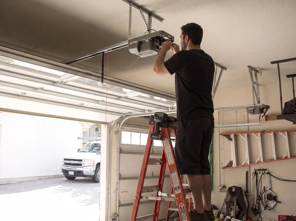 Technician inspecting a ceiling-mounted garage door opener