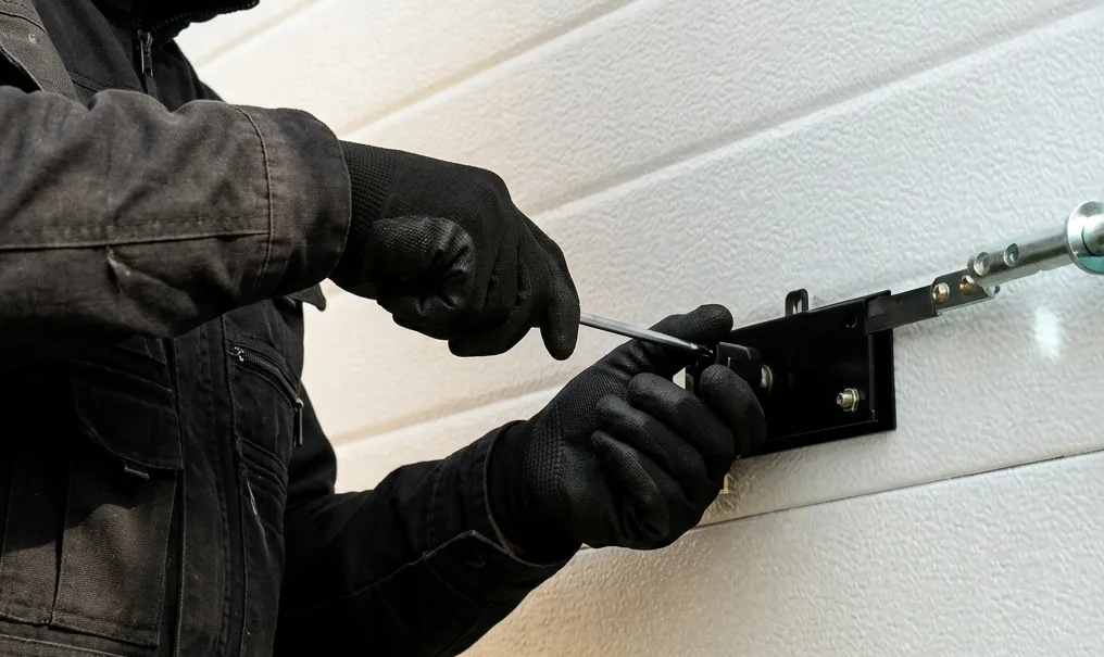 Gloved hands working on garage door panel hardware