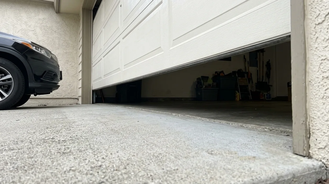 White sectional garage door opening above a residential driveway