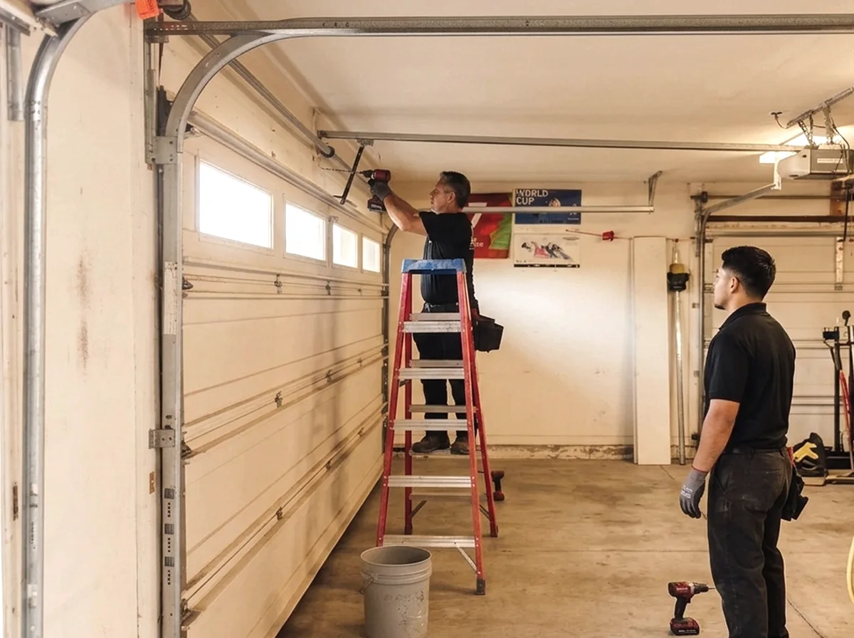 Two technicians working inside a residential garage