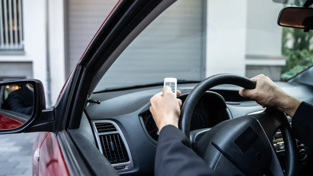 Driver using a handheld garage door remote from inside a car