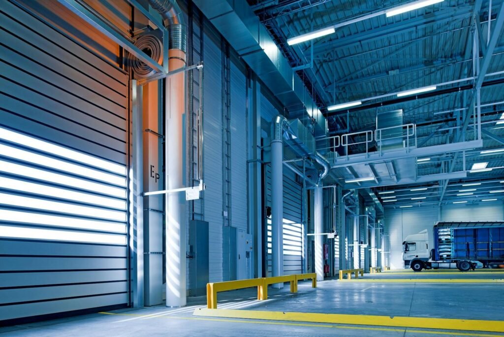 Large commercial garage with multiple overhead doors