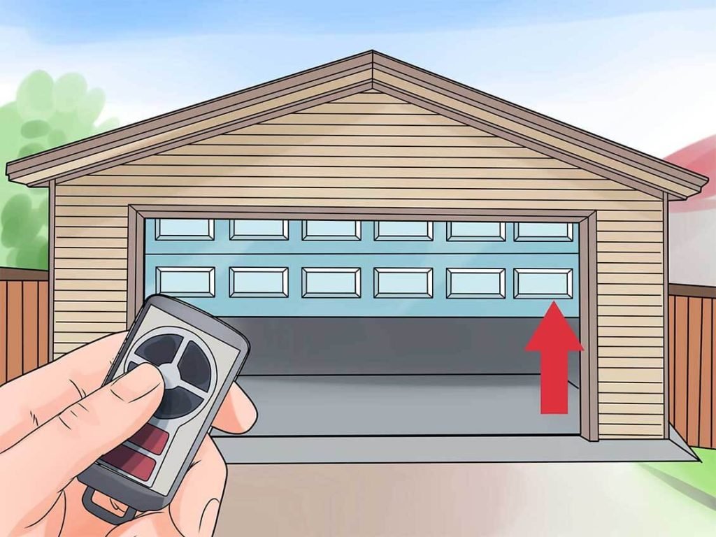 Illustration of a remote opening a blue sectional garage door
