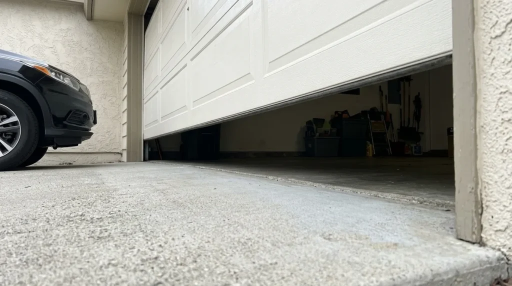 White sectional garage door opening above a concrete driveway