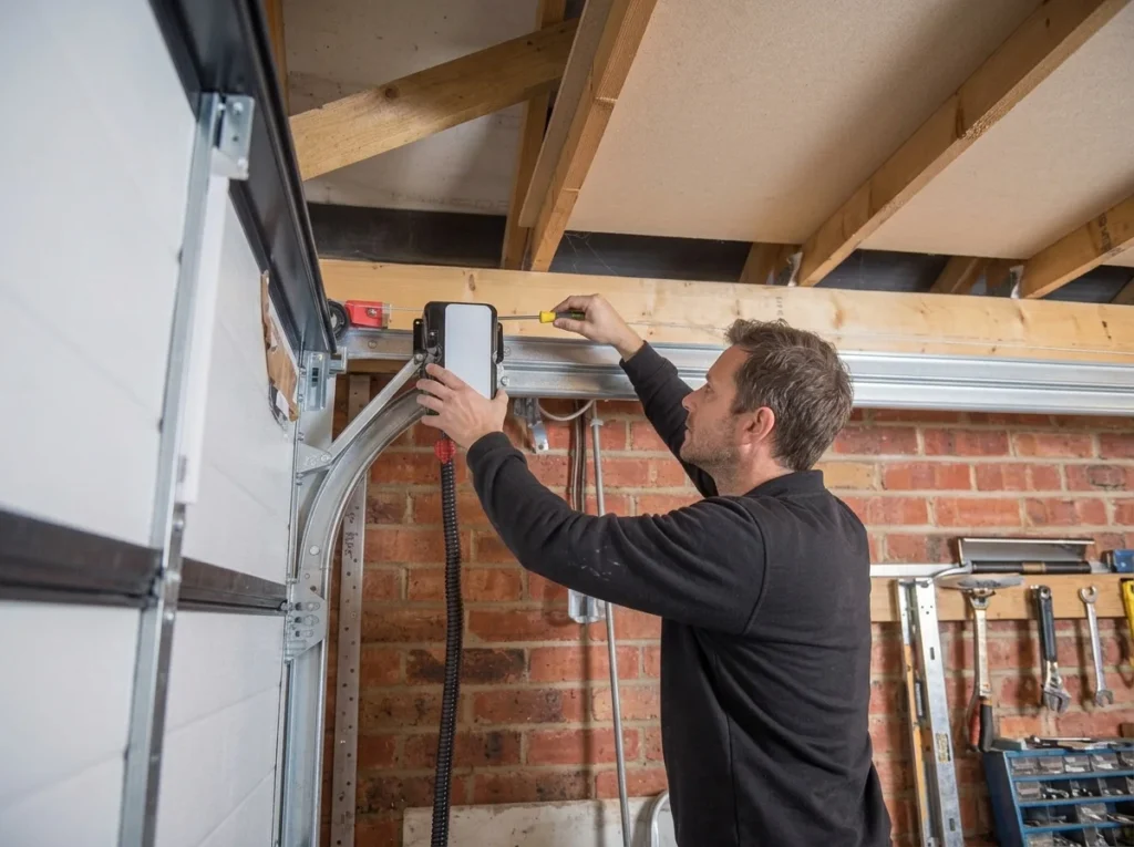Technician checking garage door track hardware