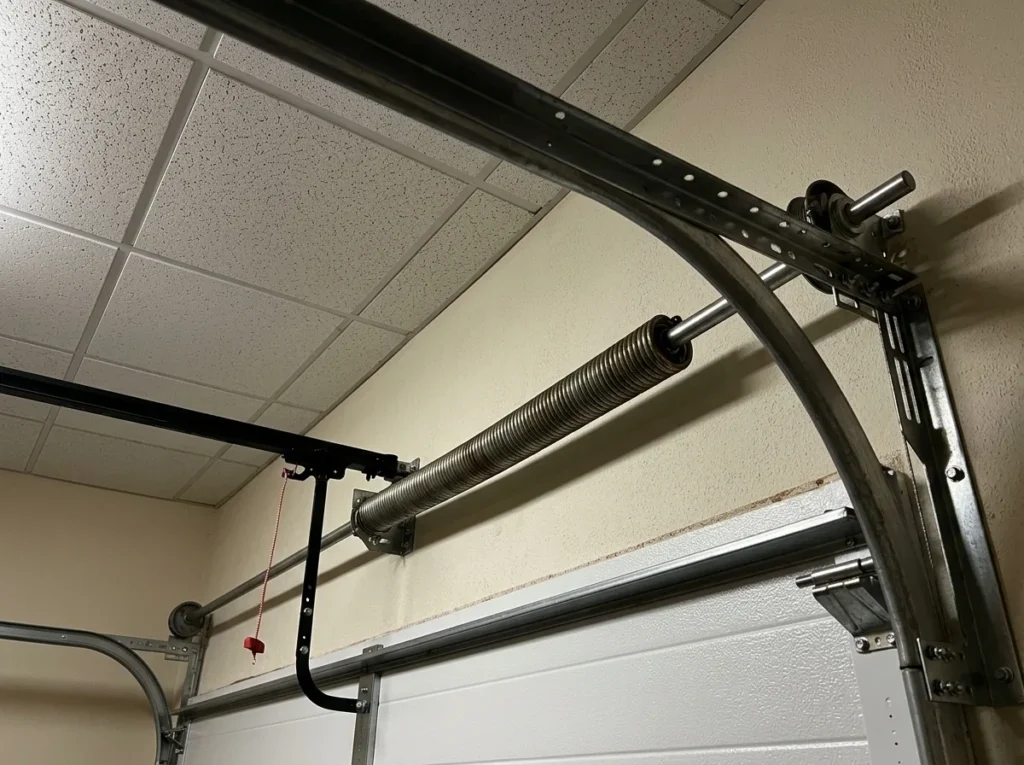 Torsion spring and shaft above a sectional garage door